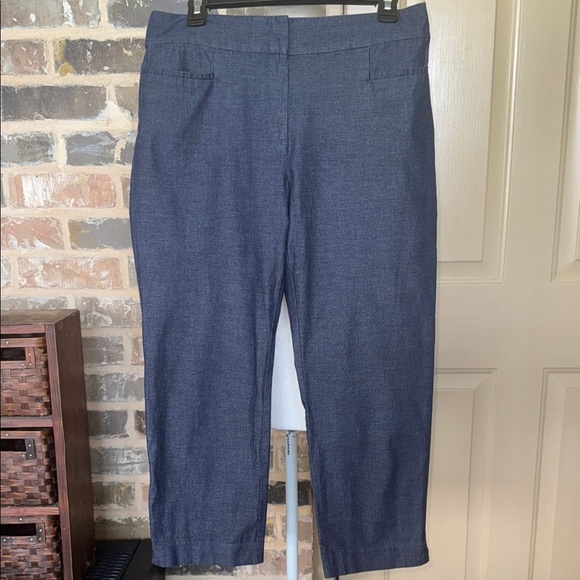 Ann Taylor Dark Blue Chambray Denim Cropped Trousers Flat Front Preppy Classic - Picture 2 of 12